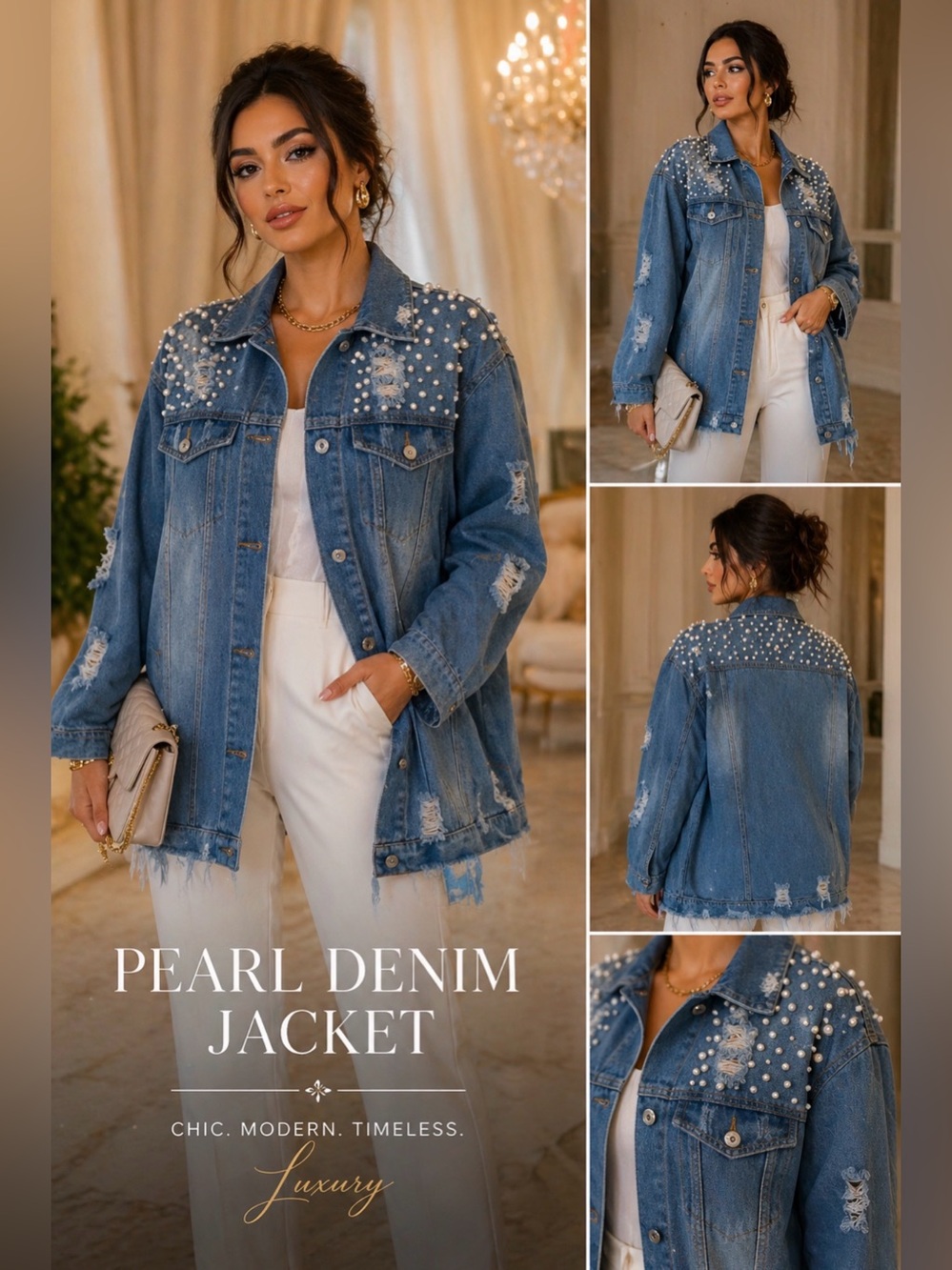 Pearl Embellished Denim Jacket – Chic Luxury Casual Style ✨